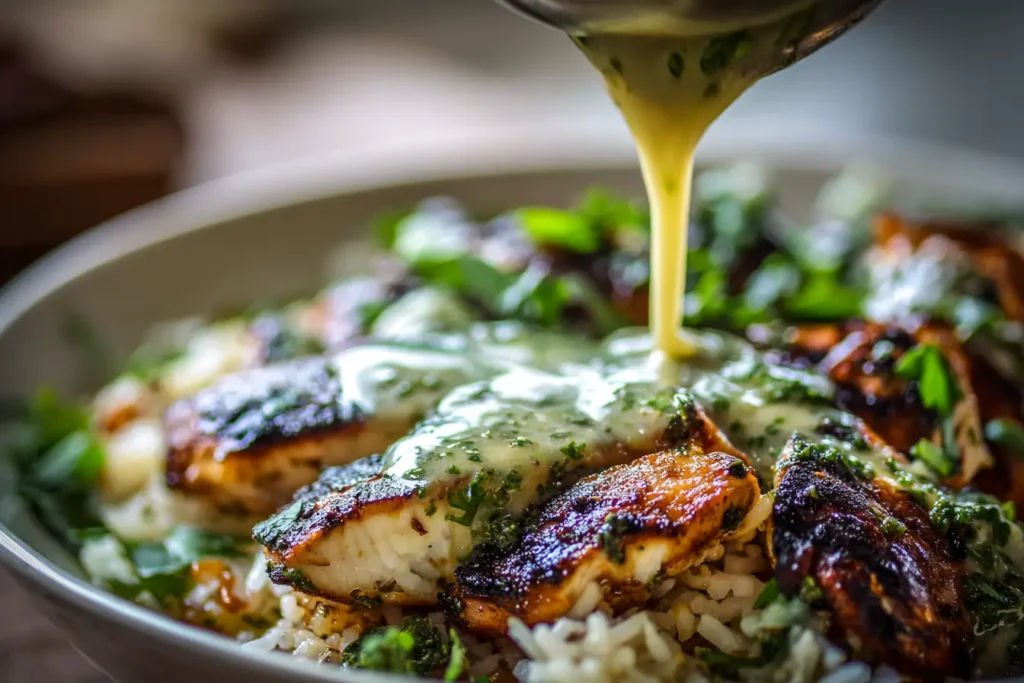 Garlic sauce being drizzled over chimichurri grilled chicken with rice and vegetables underneath
