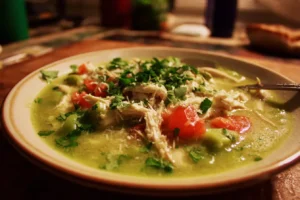 Green chicken enchilada soup in a bowl topped with cilantro and cheese