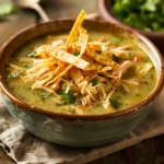 Green Chicken Enchilada Soup finished dish for recipe card