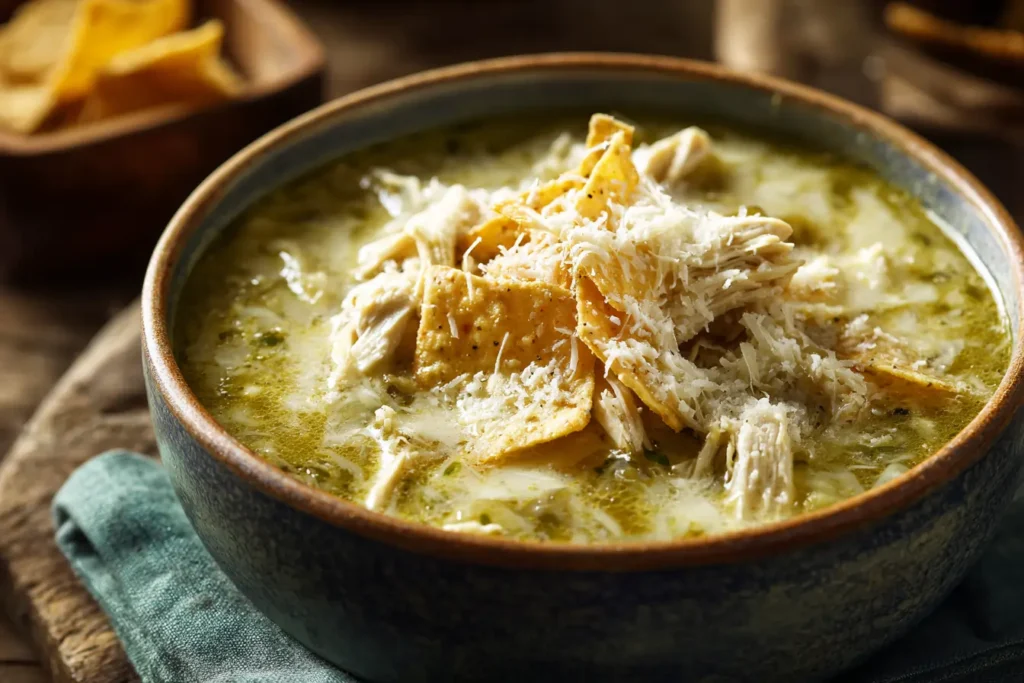 Green chicken enchilada soup with tortilla strips, cheese, and cilantro close up