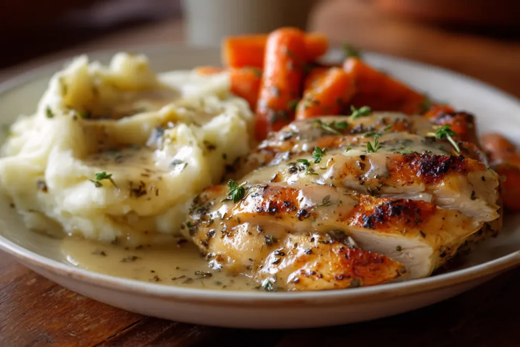 Leftover herb gravy chicken with mashed potatoes and glazed carrots on a plate at a kitchen table