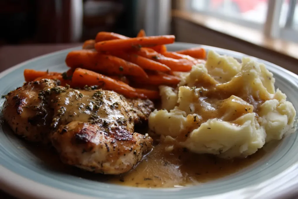 Herb gravy chicken with mashed potatoes and glazed carrots on a plate with rich gravy and glossy carrots