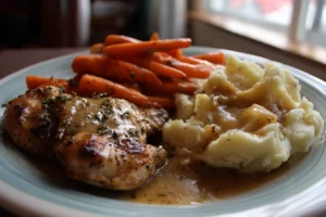 Herb gravy chicken with mashed potatoes and glazed carrots on a plate with rich gravy and glossy carrots