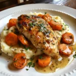 Herb Gravy Chicken with Mashed Potatoes & Glazed Carrots finished dish for recipe card