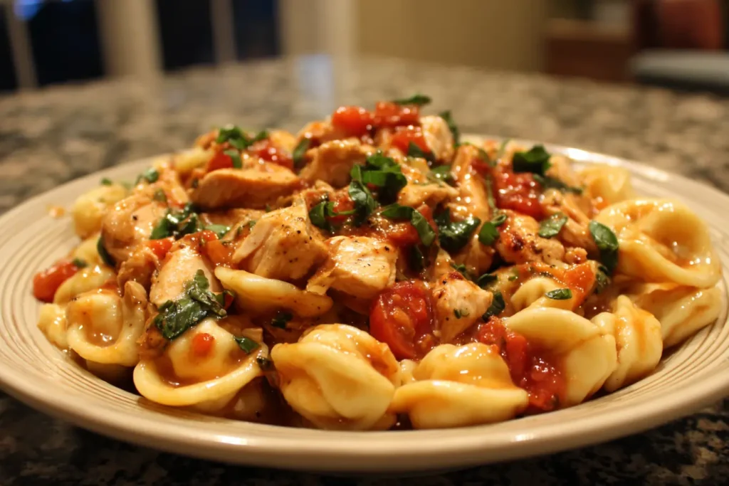 Homemade creamy chicken orecchiette pasta with tomato basil sauce served in a casual bowl