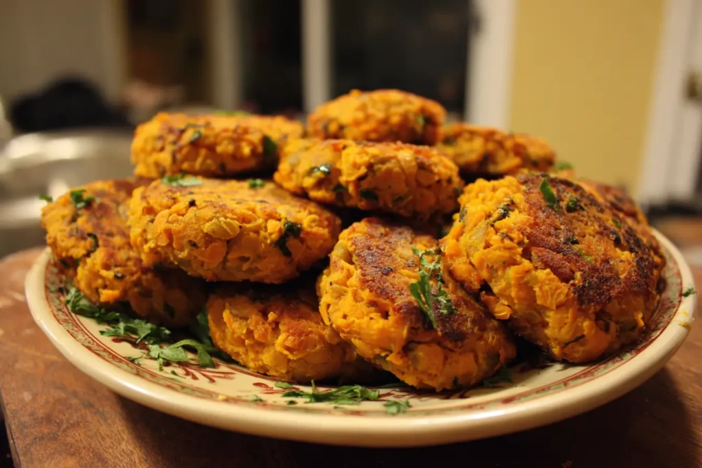 Homemade lentil sweet potato patties served on a rustic wooden plate with herbs
