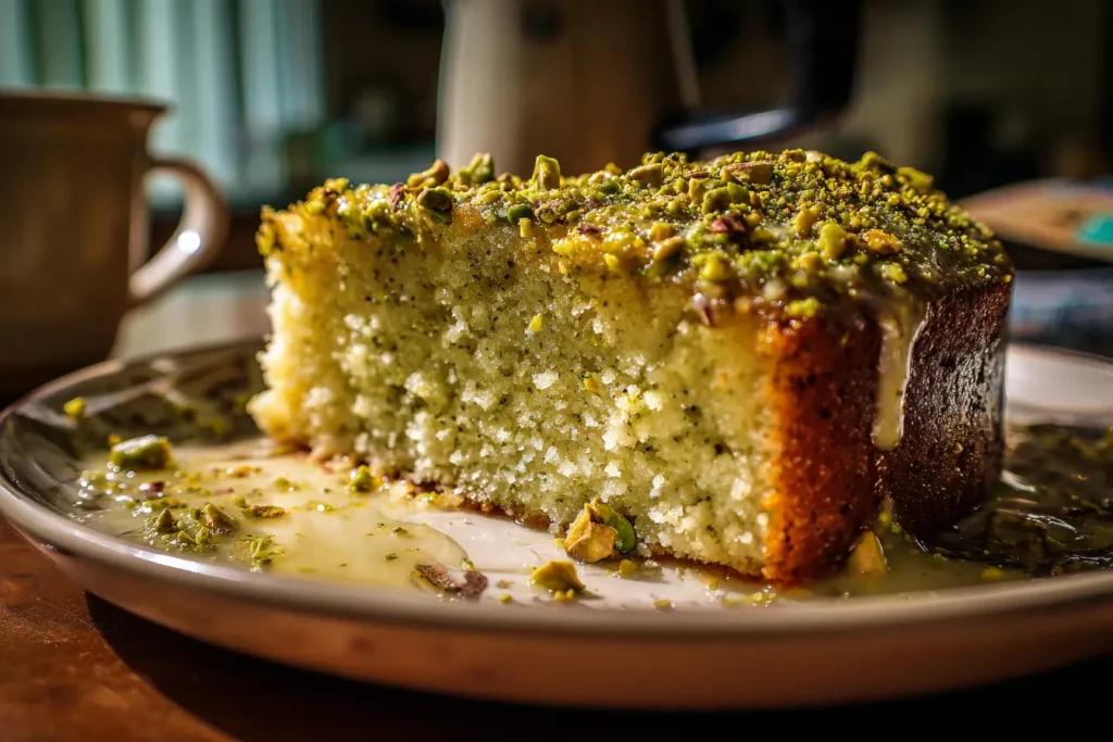 Finished pistachio pudding cake on a plate with glaze and chopped pistachios