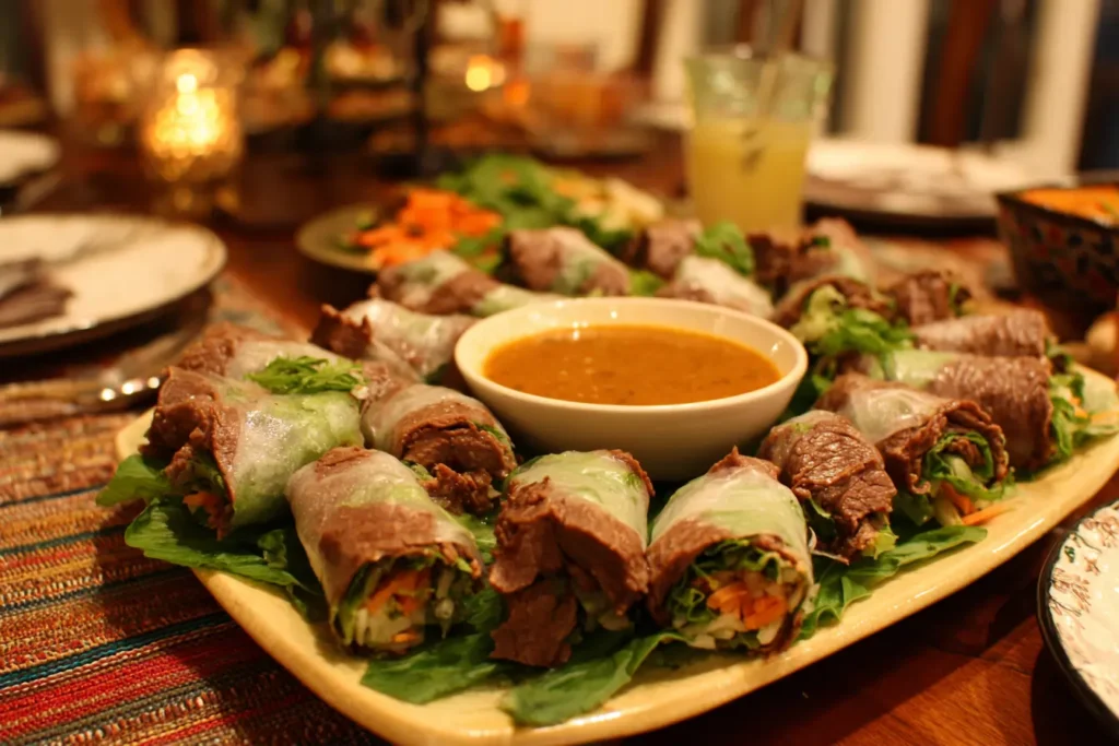Homemade Thai basil beef rice paper rolls on a platter for a casual dinner party setup.