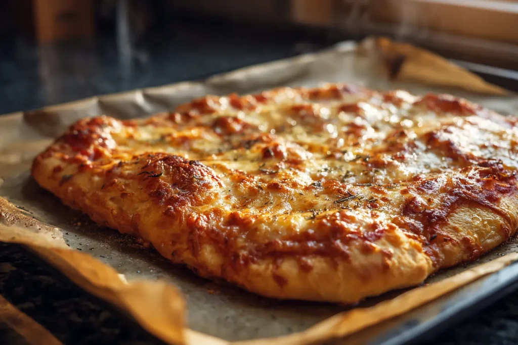 Hot honey sausage ricotta pizza on a baking sheet with bubbling cheese and a golden crust