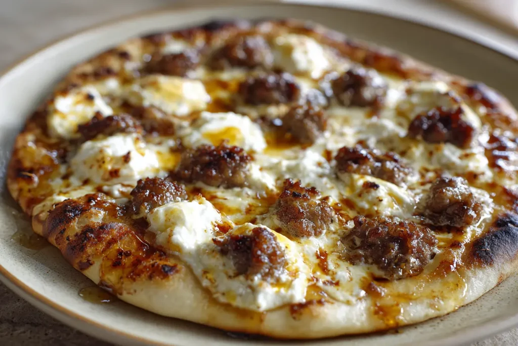 Hot honey sausage ricotta pizza ready to serve with creamy ricotta and browned sausage on top