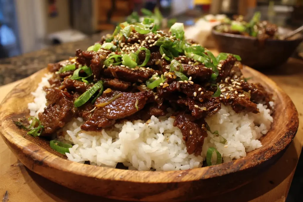 Korean bulgogi beef in a bowl with sesame seeds and green onions, homemade and glossy