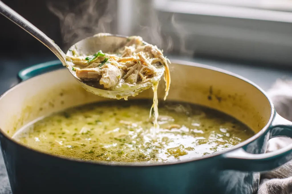 Ladle pouring creamy green chicken enchilada soup into a bowl