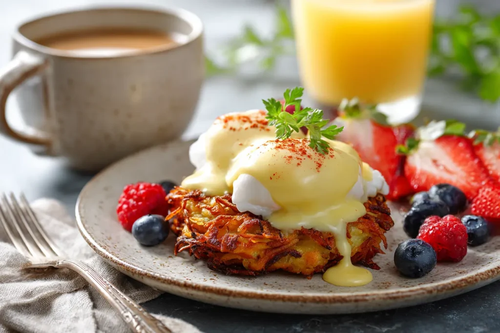 Latke Eggs Benedict served on a breakfast table with a coffee mug and fresh fruit in natural light