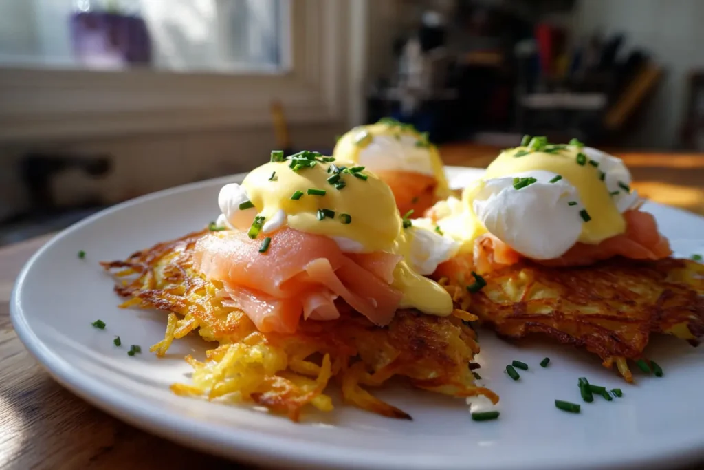 Latke Eggs Benedict with crispy potato latkes, poached eggs, smoked salmon, and hollandaise topped with chives