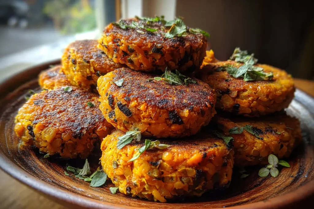 Lentil sweet potato patties on a plate with crispy golden crust and fresh herbs