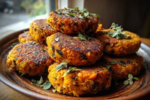Lentil sweet potato patties on a plate with crispy golden crust and fresh herbs