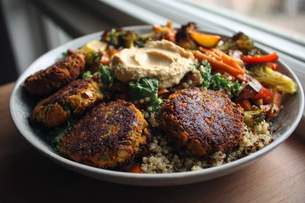Lentil sweet potato patties in a quinoa bowl with roasted vegetables and hummus