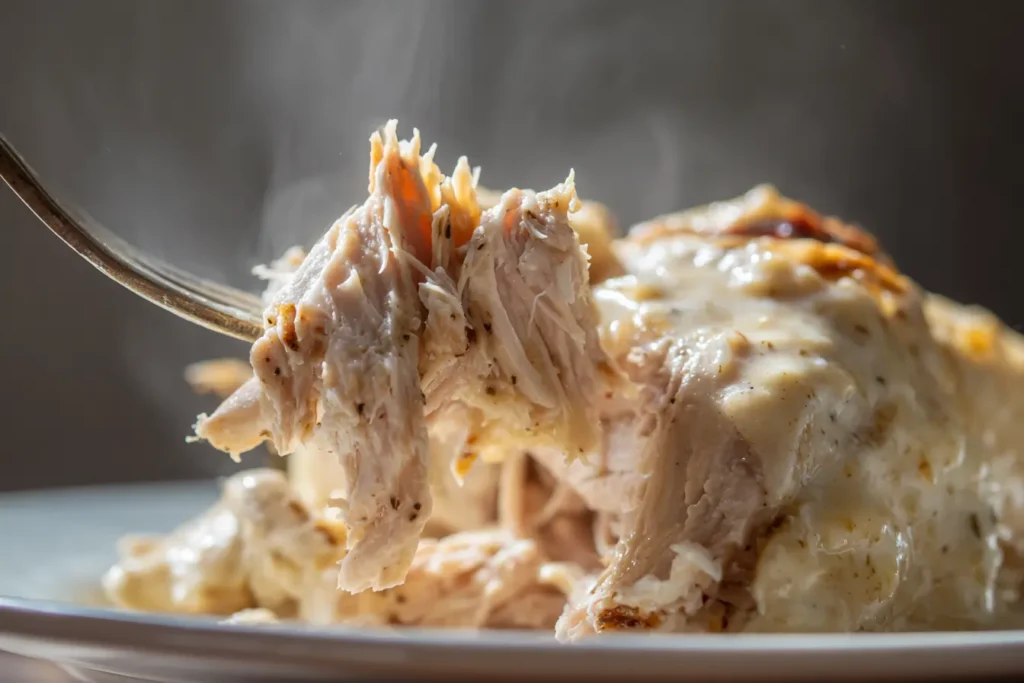 Close-up of Mississippi Mud Chicken with a fork lifting shredded chicken coated in buttery pepperoncini gravy