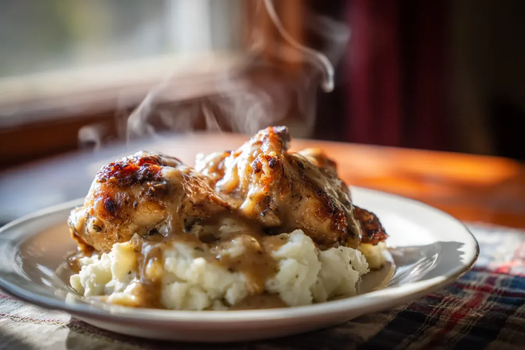 Mississippi Mud Chicken served over mashed potatoes with buttery pepperoncini gravy dripping on top