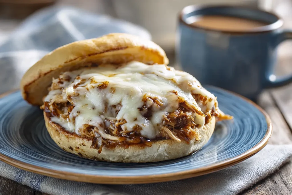 Mississippi Mud Chicken sandwich on a toasted bun with melted provolone and tangy gravy