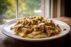 Mississippi Mud Chicken on a white plate with buttery pepperoncini gravy and tender shredded chicken