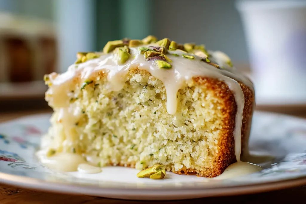 Close-up slice of coconut pistachio pudding cake showing moist crumb with glaze and pistachios