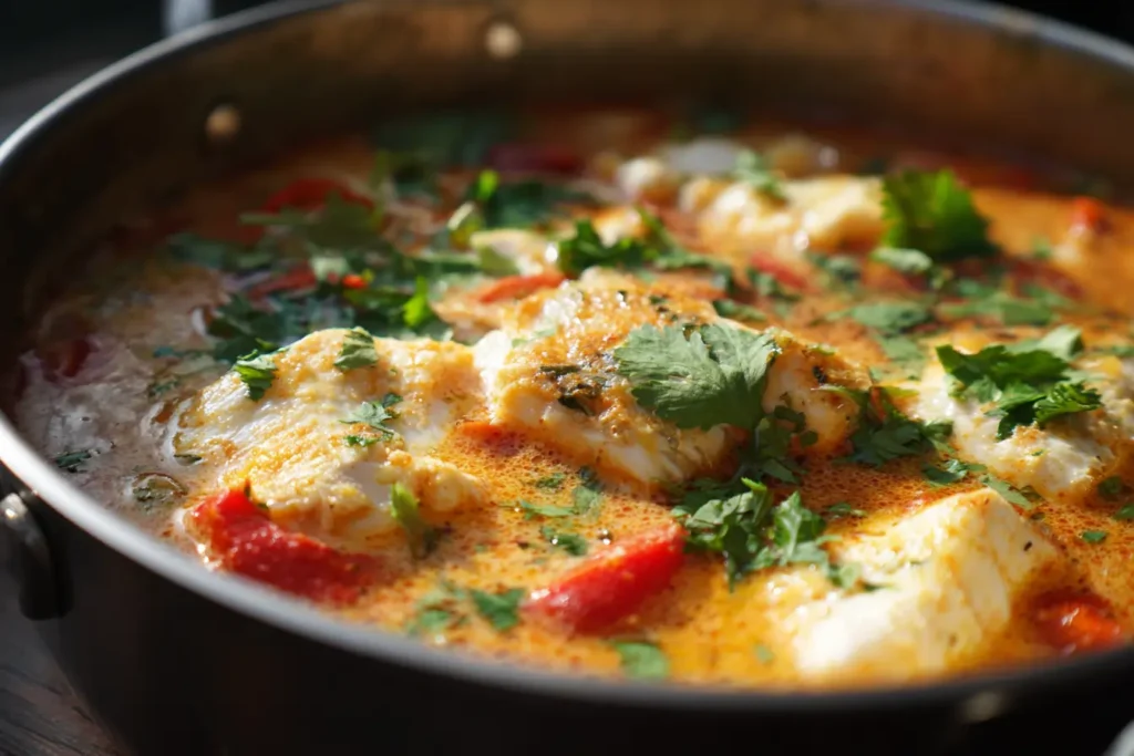 Brazilian fish stew (moqueca) simmering in a pot with coconut tomato broth, white fish chunks, peppers, and cilantro.