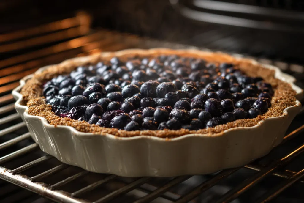 Covered blueberry chia pie chilling on a refrigerator shelf before serving