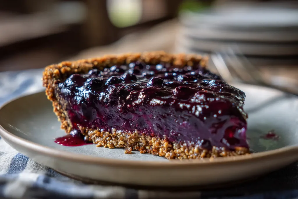 No-bake blueberry chia seed pie on a ceramic plate with glossy purple filling and crumb crust