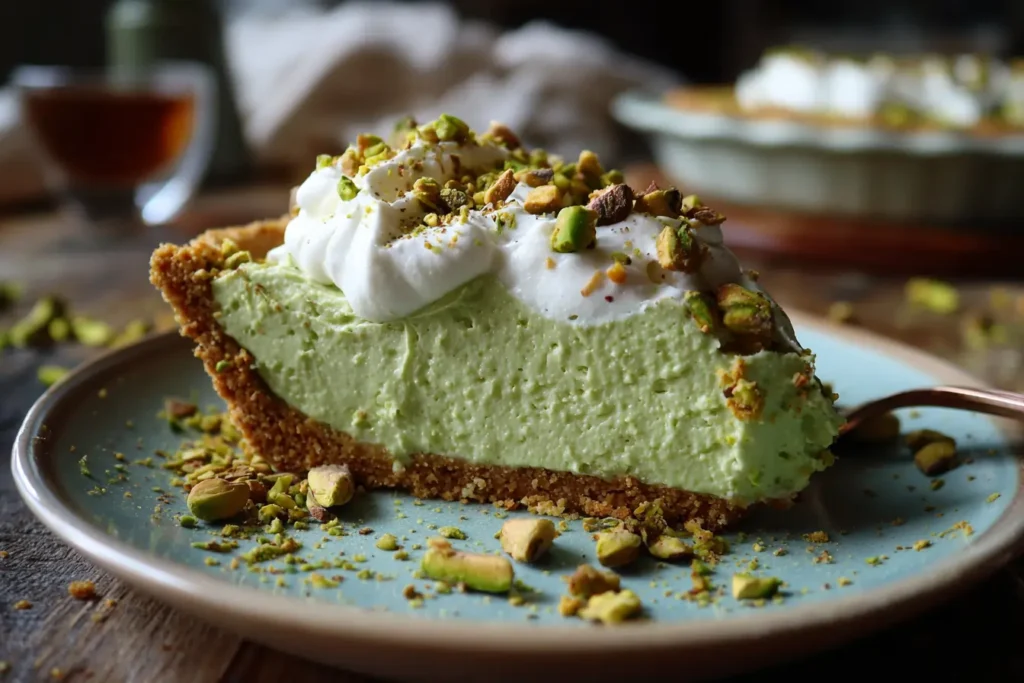 Homemade no bake pistachio pie with whipped cream and chopped pistachios on a rustic table