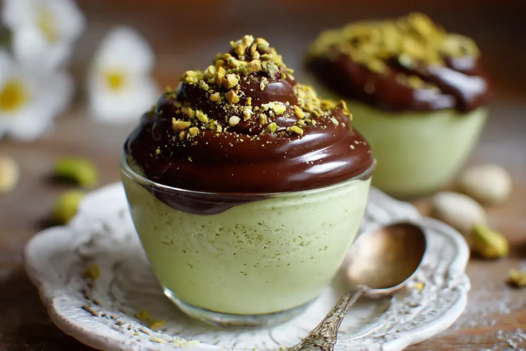 Pistachio mousse with chocolate ganache in glass cups topped with crushed pistachios
