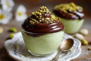 Pistachio mousse with chocolate ganache in glass cups topped with crushed pistachios
