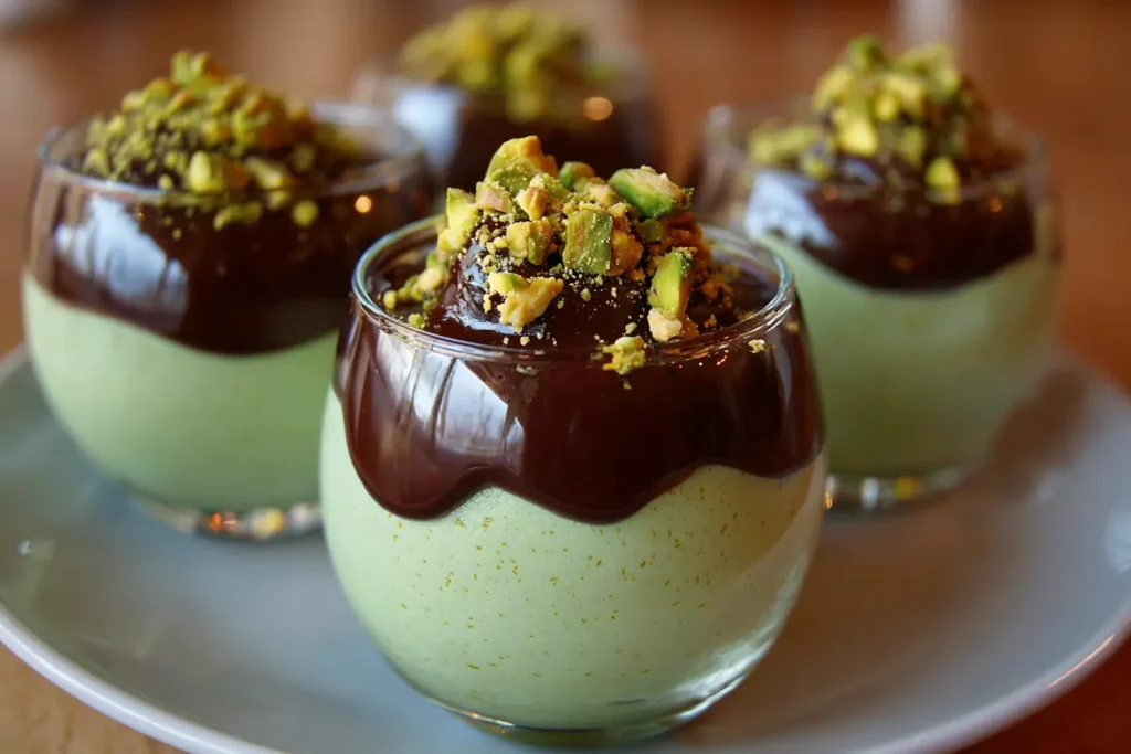 Glass cups filled with pistachio mousse topped with dark chocolate ganache and crushed pistachios