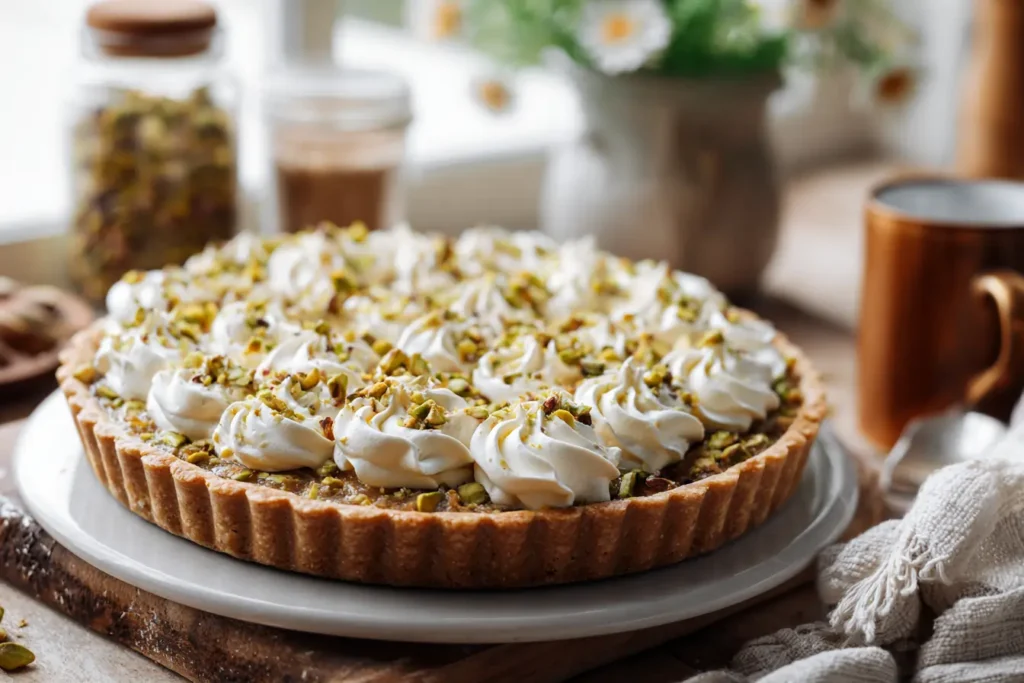 No bake pistachio pie topped with whipped cream swirls and chopped pistachios on a casual table
