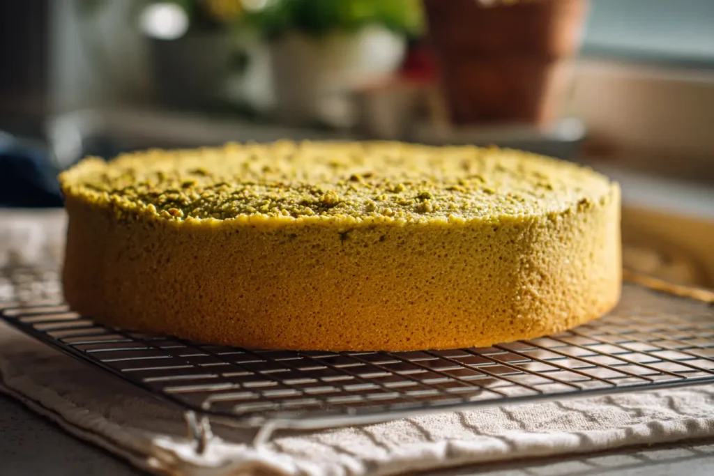 Fresh pistachio pudding cake cooling on a wire rack in a home kitchen