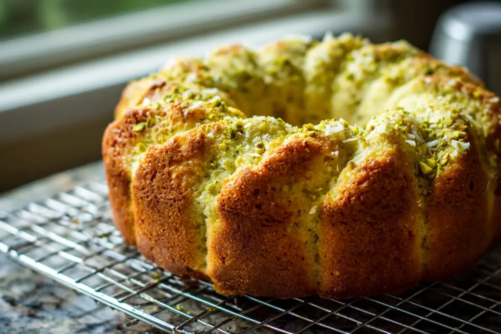 Freshly baked pistachio pudding bundt cake cooling on a wire rack in a home kitchen