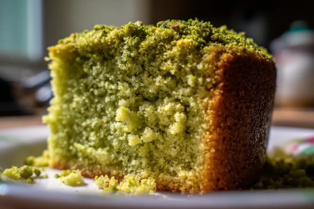 Close-up of a pistachio pudding cake slice showing the soft green crumb