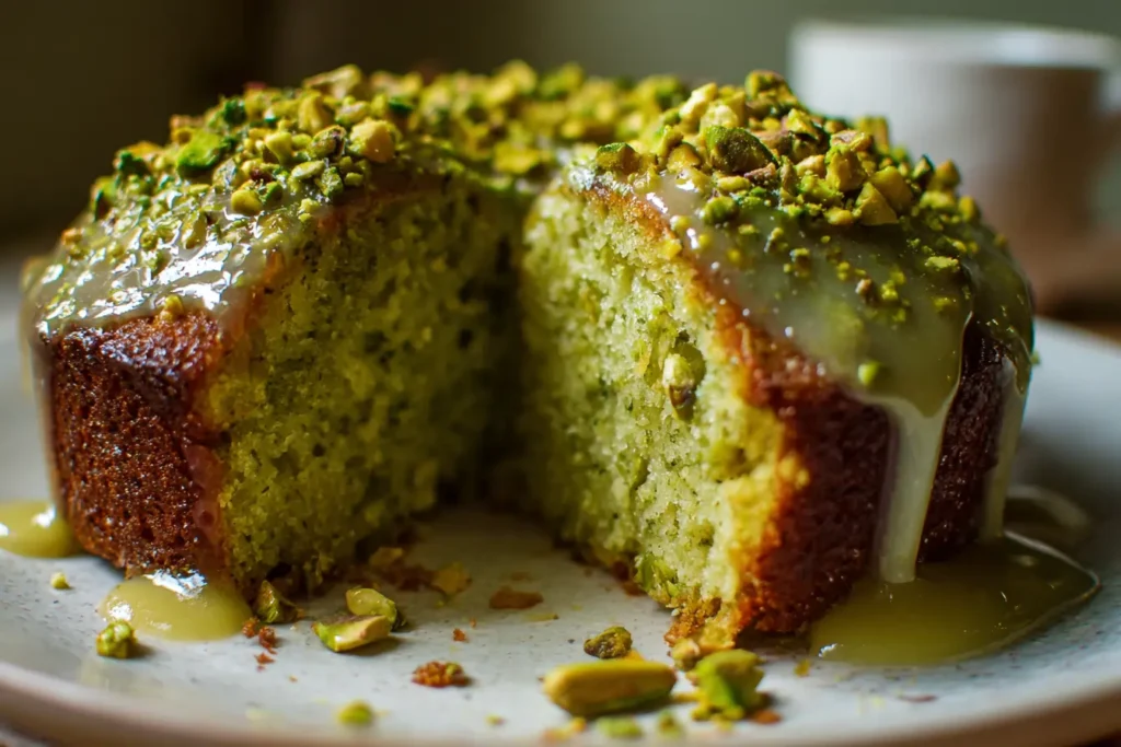 Moist pistachio pudding cake with a light glaze and crushed pistachios on top