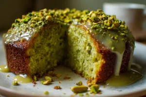 Moist pistachio pudding cake with a light glaze and crushed pistachios on top
