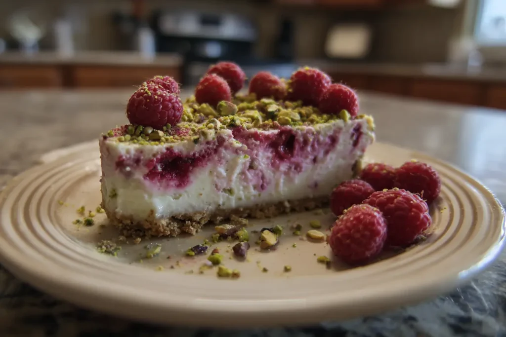 Raspberry pistachio cheesecake with raspberry swirl, pistachio topping, and graham cracker crust on a plate