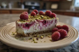 Raspberry pistachio cheesecake with raspberry swirl, pistachio topping, and graham cracker crust on a plate