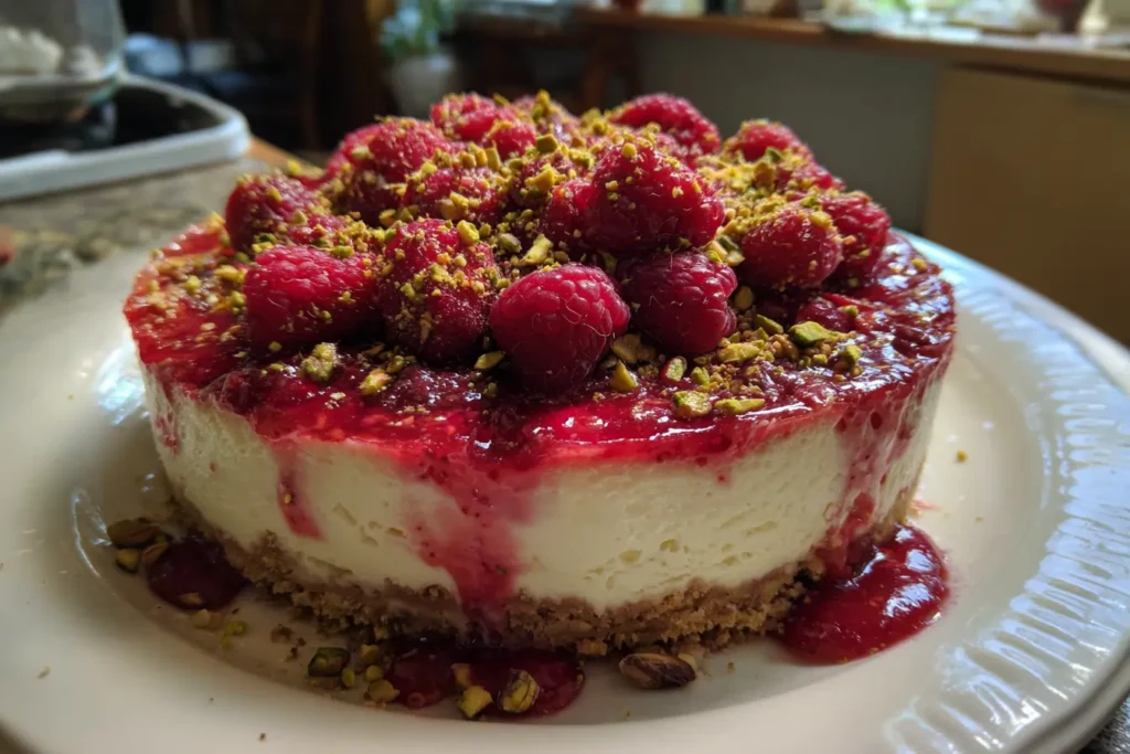 Homemade raspberry pistachio cheesecake topped with crushed pistachios and fresh raspberries