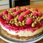 Raspberry Pistachio Cheesecake finished dish for recipe card
