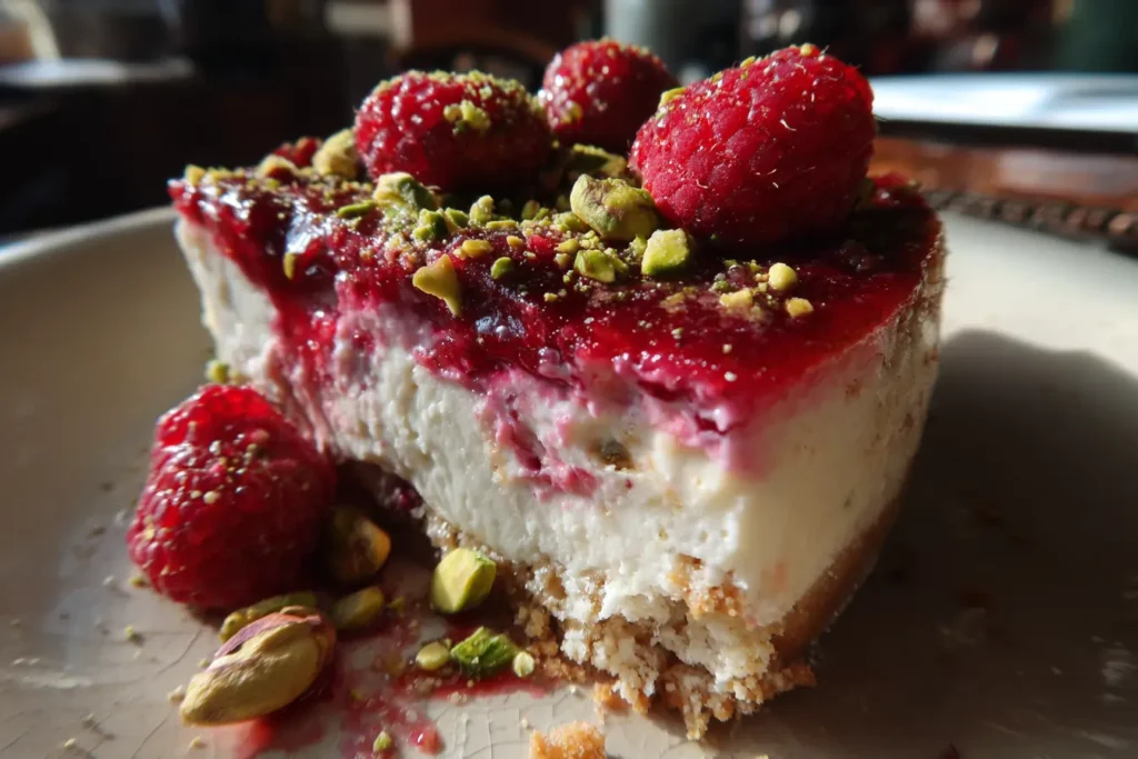 Raspberry pistachio cheesecake served on a plate with visible raspberry layers and pistachio crust