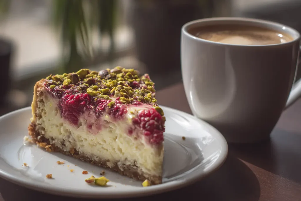 Slice of raspberry pistachio cheesecake next to a mug of coffee on a table with crumbs