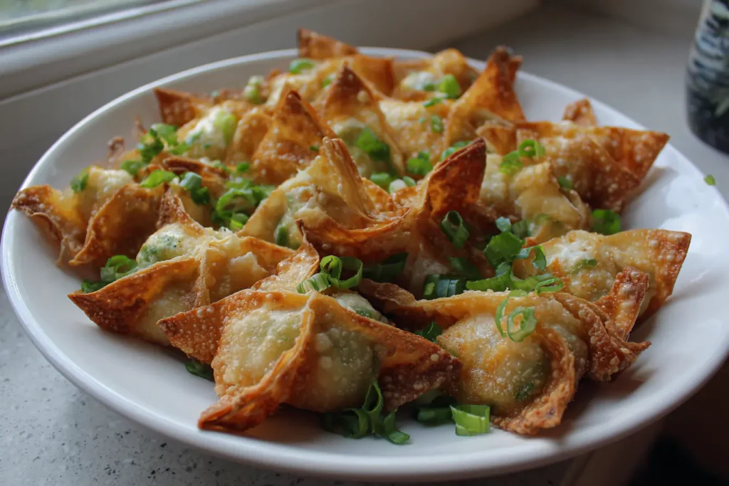 Crispy rice paper crab rangoons on a white plate with green onions, golden and crunchy.