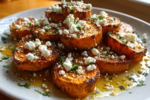 Roasted sweet potato rounds topped with feta cheese and honey drizzle served on a plate, homemade appetizer photo
