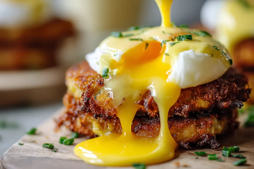 Close-up of Latke Eggs Benedict with runny yolk spilling over crispy latkes and hollandaise dripping