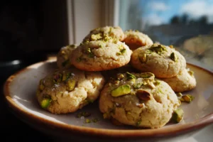 Salted honey pistachio cookies on a plate with flaky sea salt and a honey shine