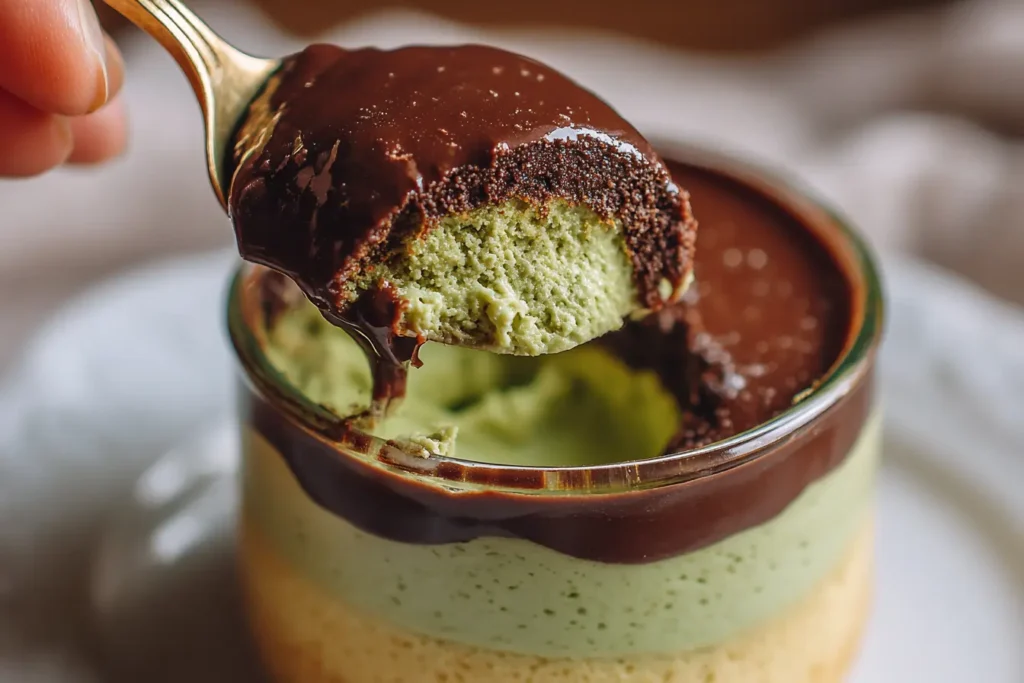 Spoon dipping into pistachio mousse to show the creamy green layer under chocolate ganache